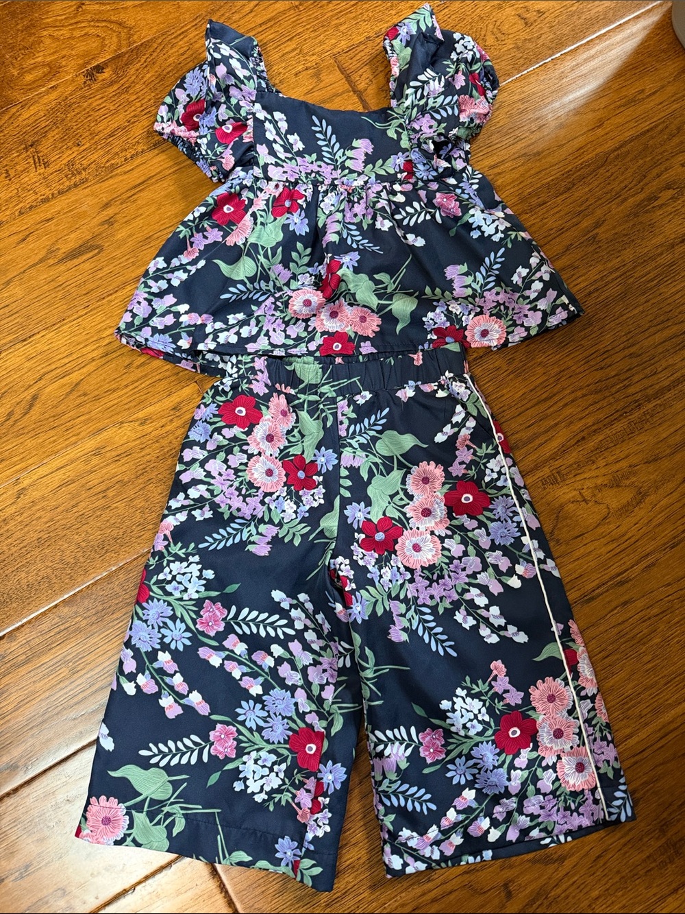 Janie and Jack Navy Floral Short Set with Pink & Red Blooms
